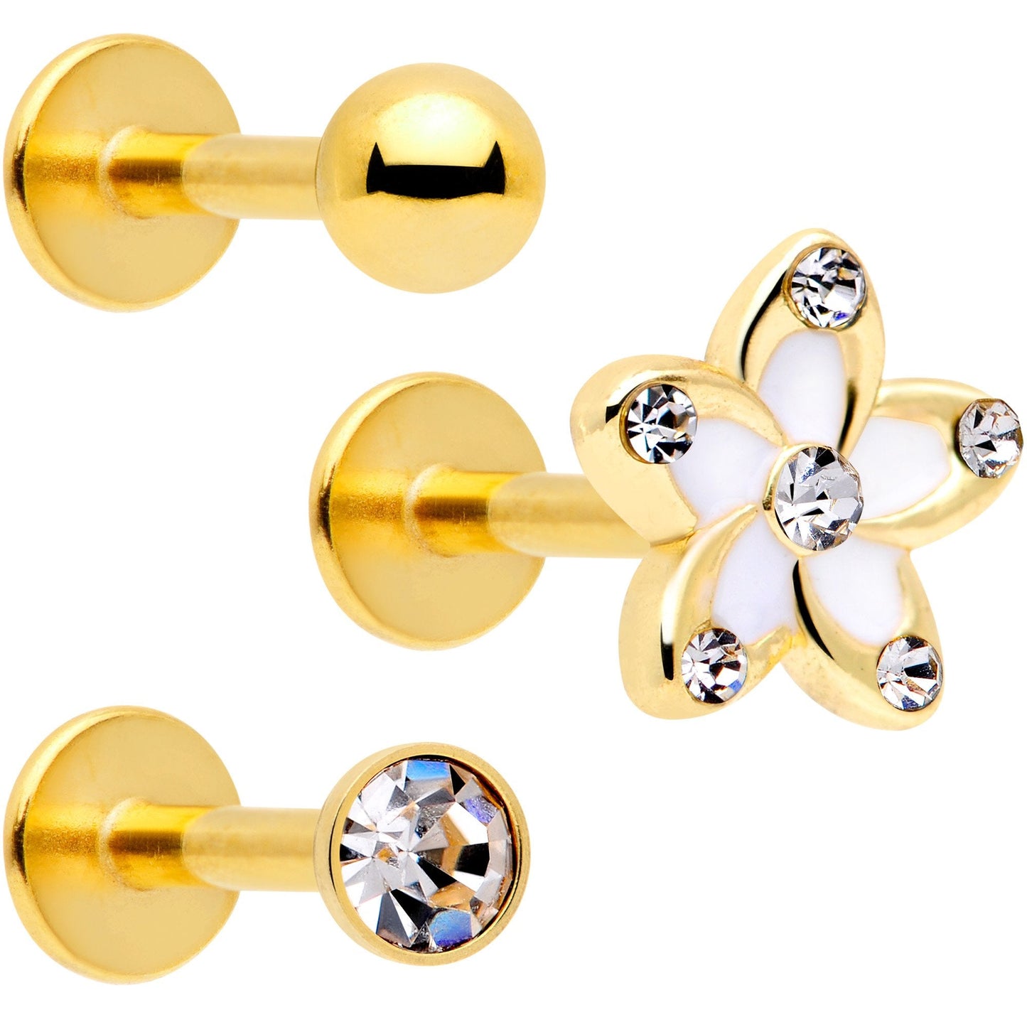 16G 5/16 Clear Gem Gold Tone White Flower Labret Set of 3