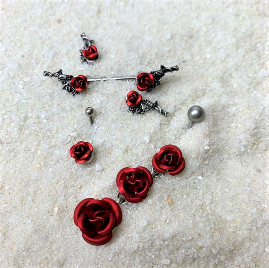 Clear Gem Red Rose Flower and Gun Dangle Belly Ring
