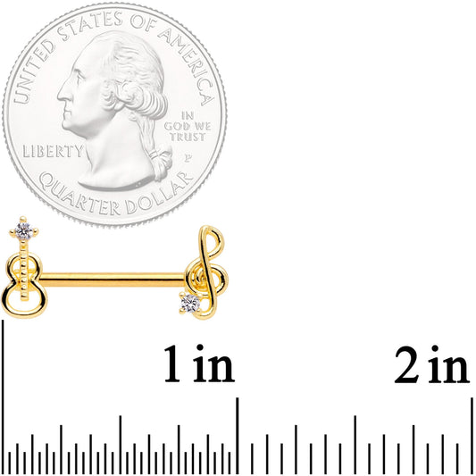 14G 9/16 Clear CZ Gold Tone Music Lover Barbell Nipple Ring Set
