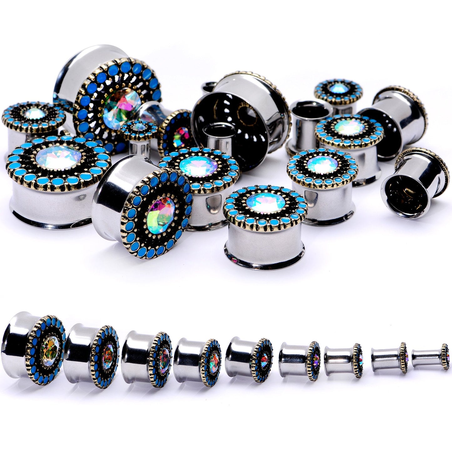 Aurora Gem Blue Orb Nautical Vibe Double Flare Plug Set 6mm to 25mm