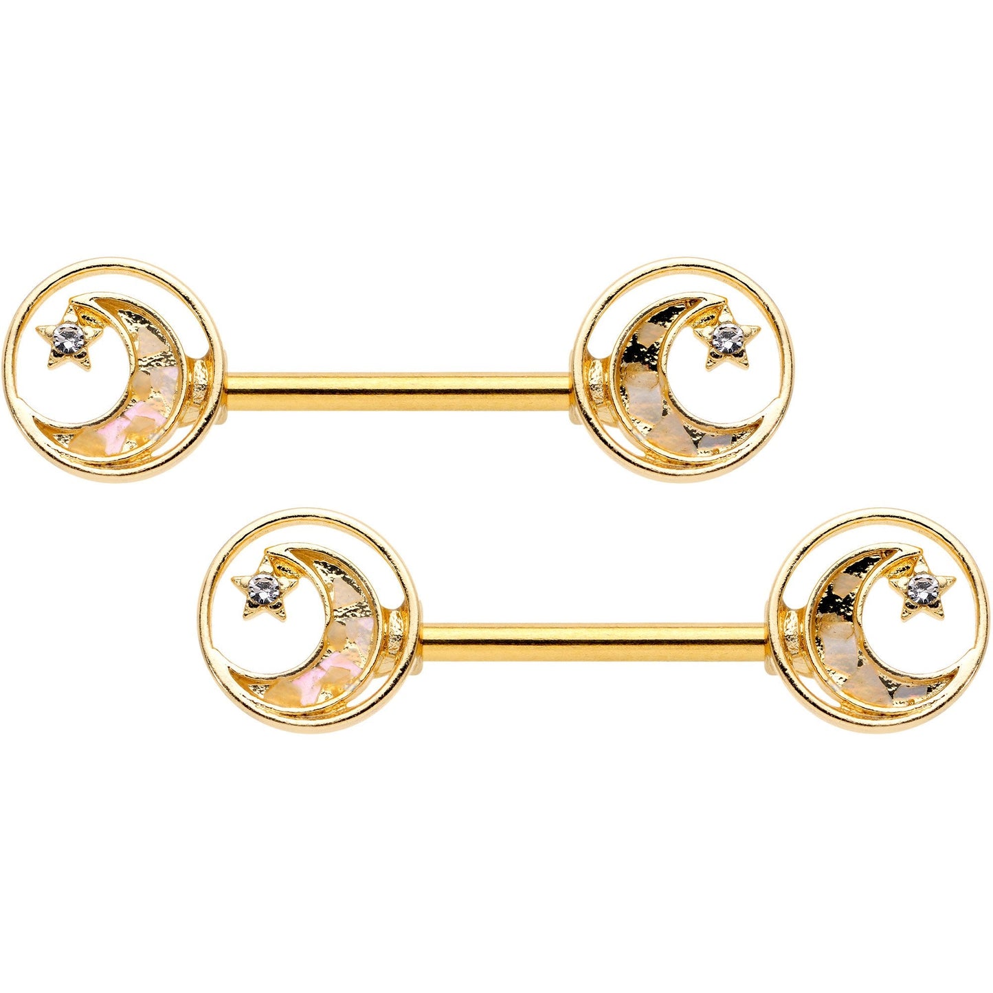 14G 9/16 Clear Gem Orbit Loop Crescent Moon Star Nipple Ring Set