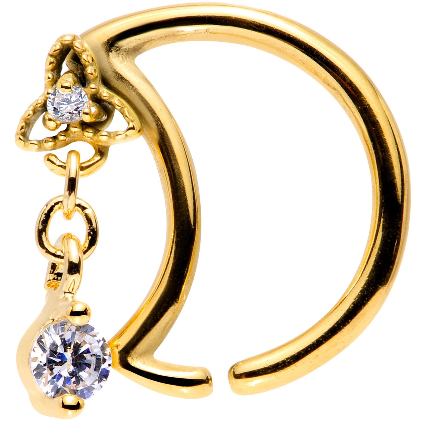 16G 3/8 Clear CZ Gem Gold Tone Crescent Moon Dangle Closure Ring