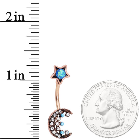 Aqua Faux Opal Rose Gold Tone Orb Crescent Moon Reversible Belly Ring
