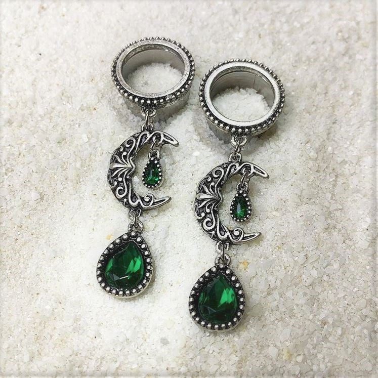 Green Gem Crescent Moon Dangle Screw Fit Tunnel Plug Set 6mm to 16mm