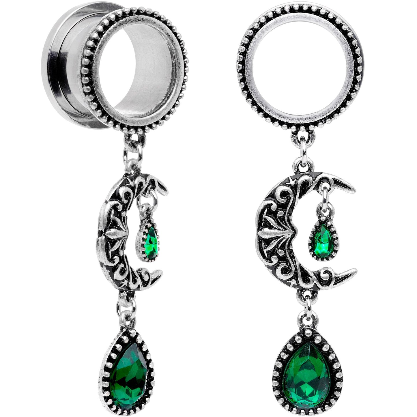 Green Gem Crescent Moon Dangle Screw Fit Tunnel Plug Set 6mm to 16mm