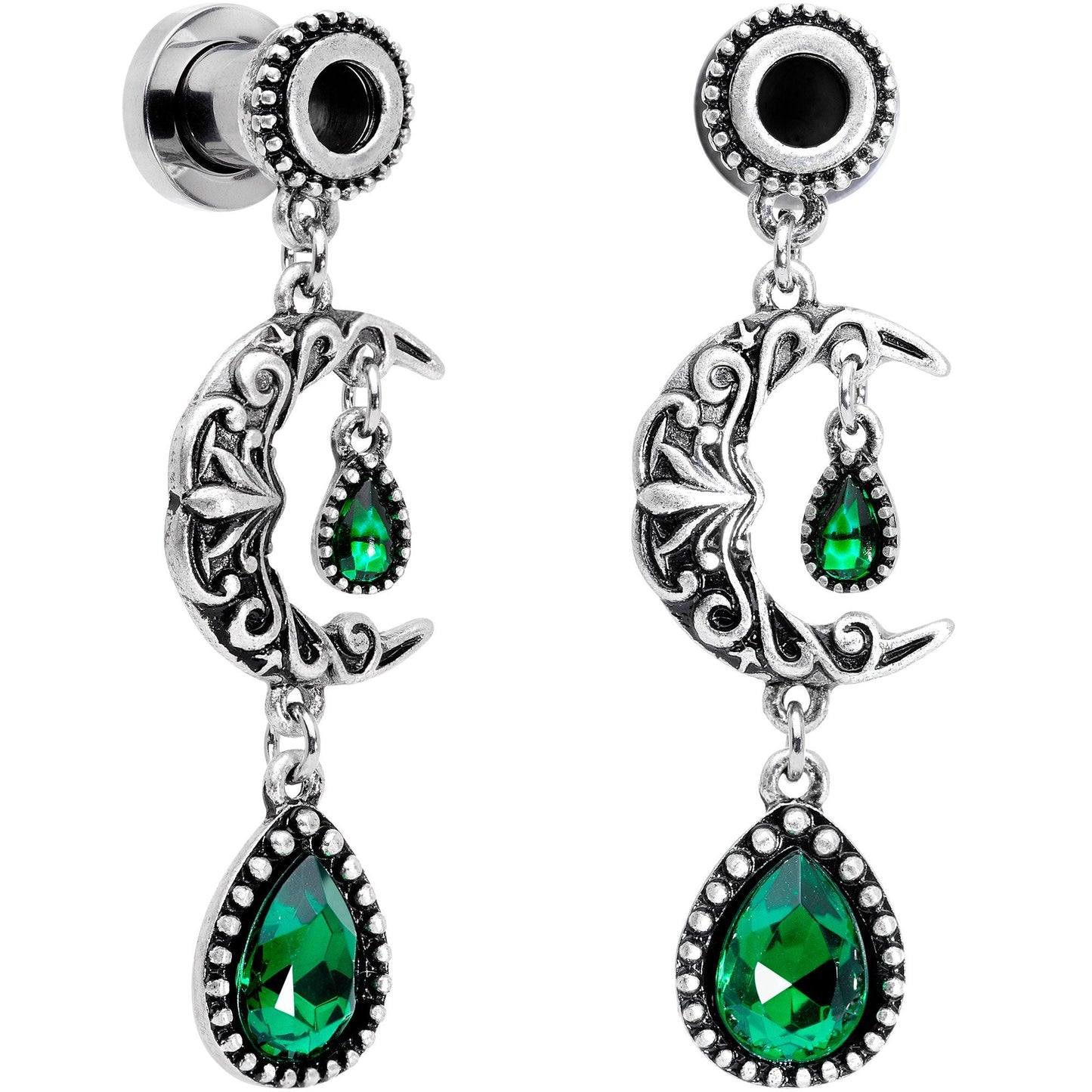 Green Gem Crescent Moon Dangle Screw Fit Tunnel Plug Set 6mm to 16mm