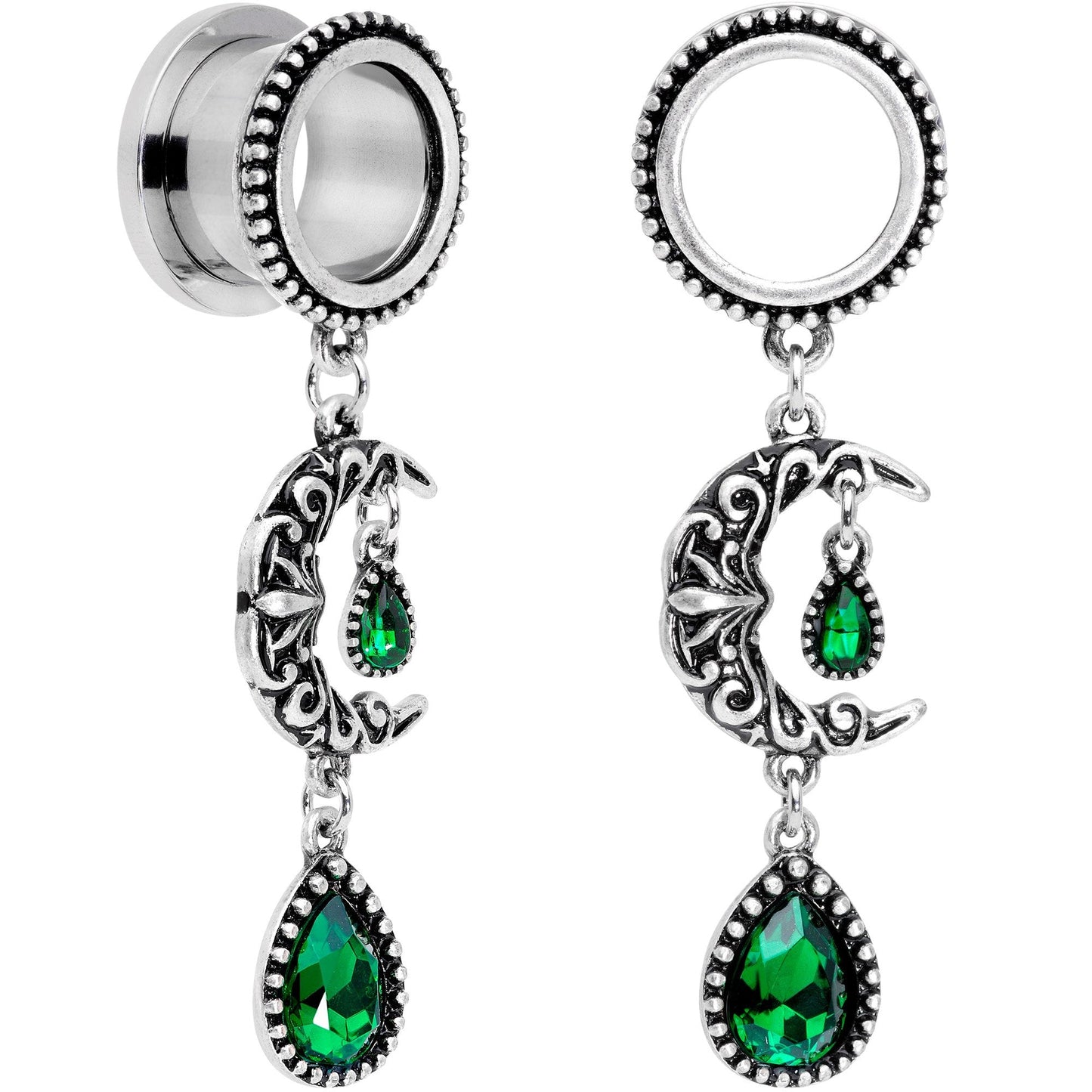 Green Gem Crescent Moon Dangle Screw Fit Tunnel Plug Set 6mm to 16mm