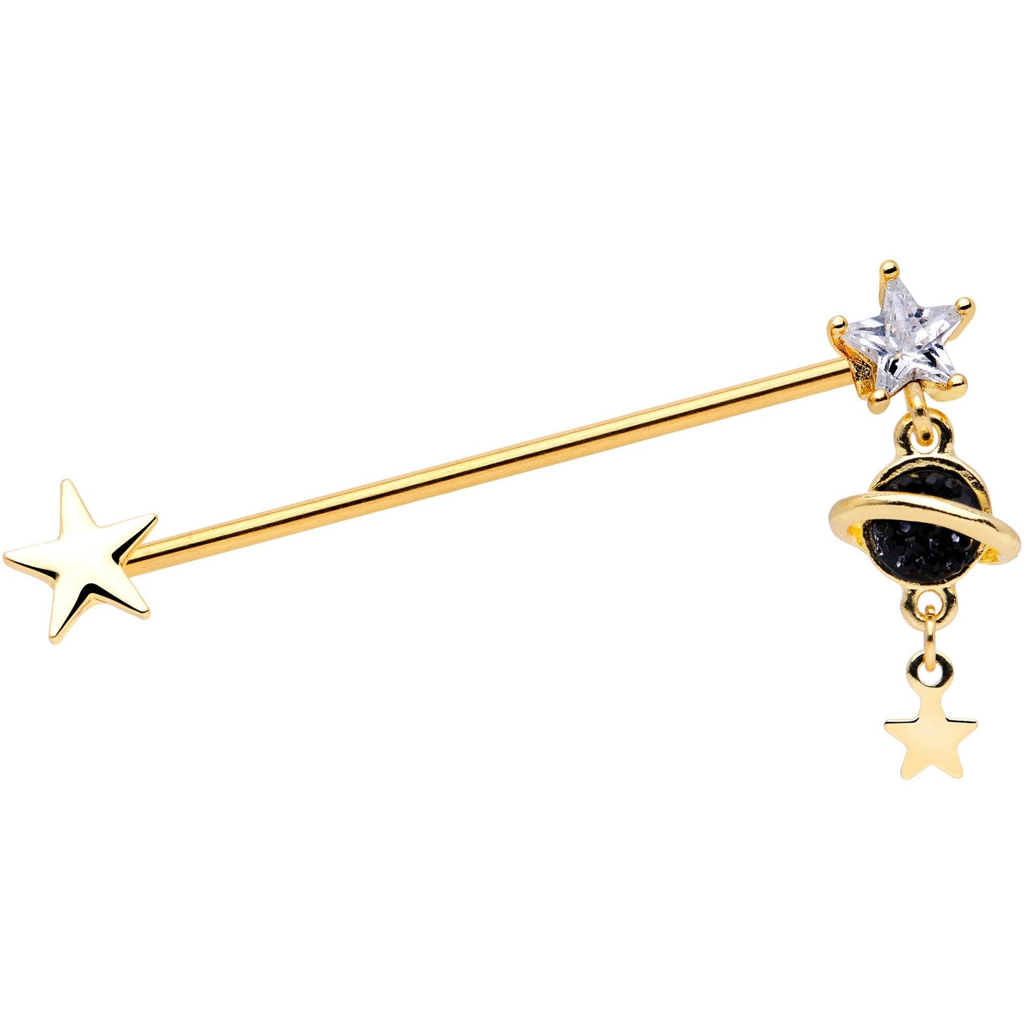 14G Clear CZ Gem Gold Tone Saturn Dangle Industrial Barbell 38mm