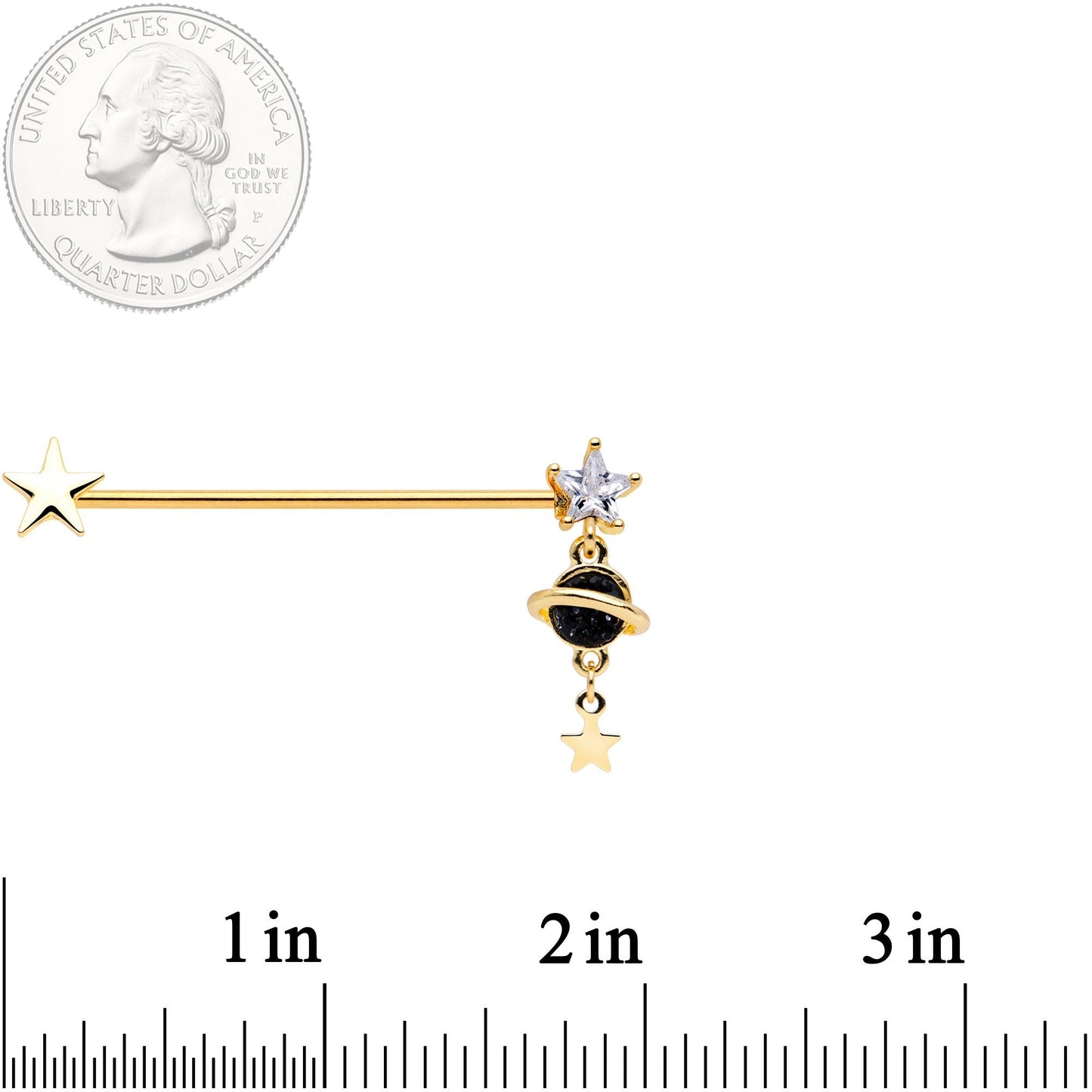 14G Clear CZ Gem Gold Tone Saturn Dangle Industrial Barbell 38mm