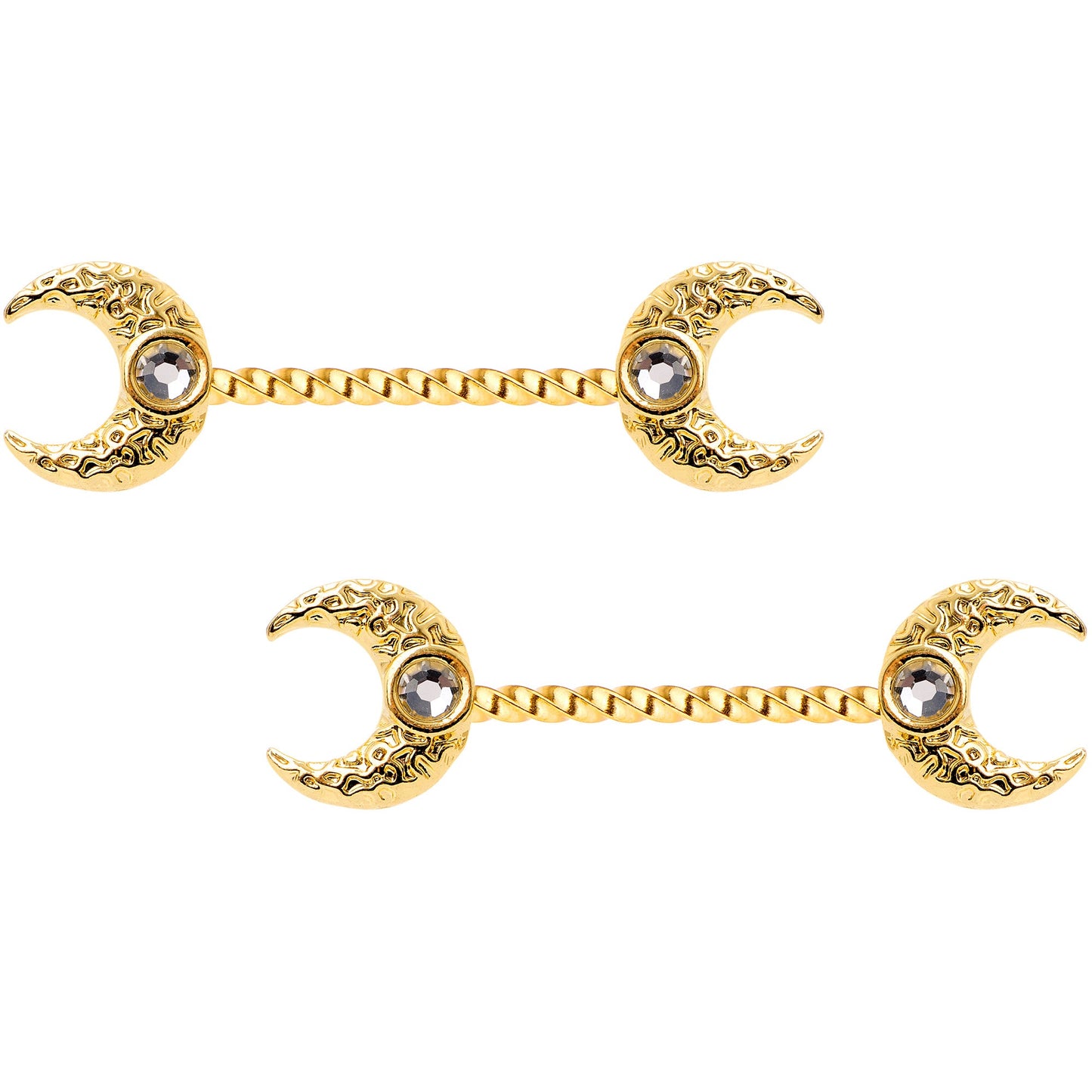 14G Clear Gem Gold Tone Witch Moon Barbell Nipple Ring Set