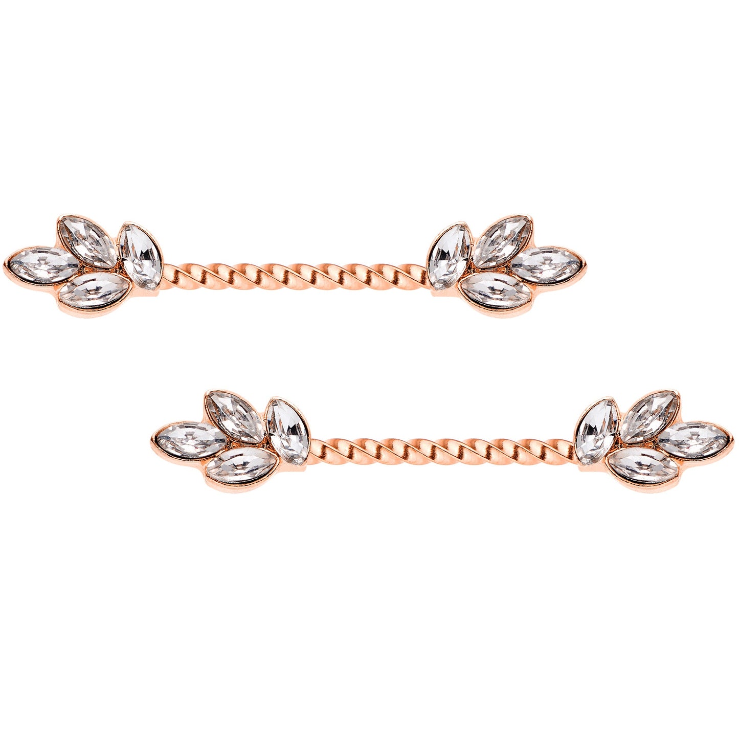 14G Clear Gem Rose Gold Tone Leaf Twisted Barbell Nipple Ring Set