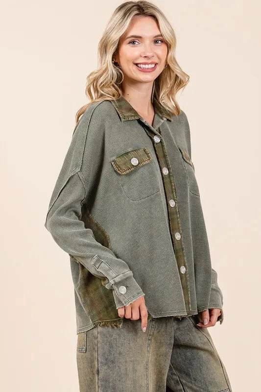 Mittoshop Mineral Washed Plaid Button Down Shacket