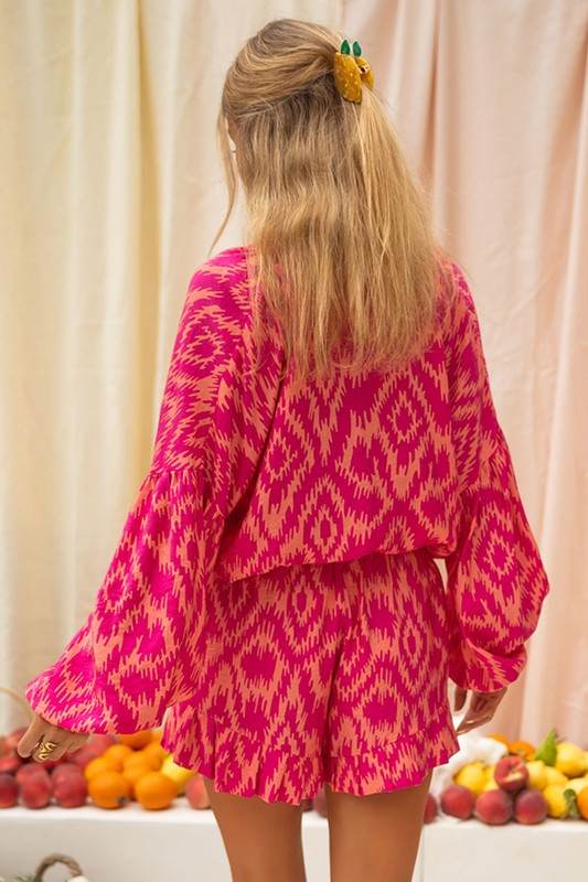 Aztec Geometric Print Top and Ruffled Shorts Set