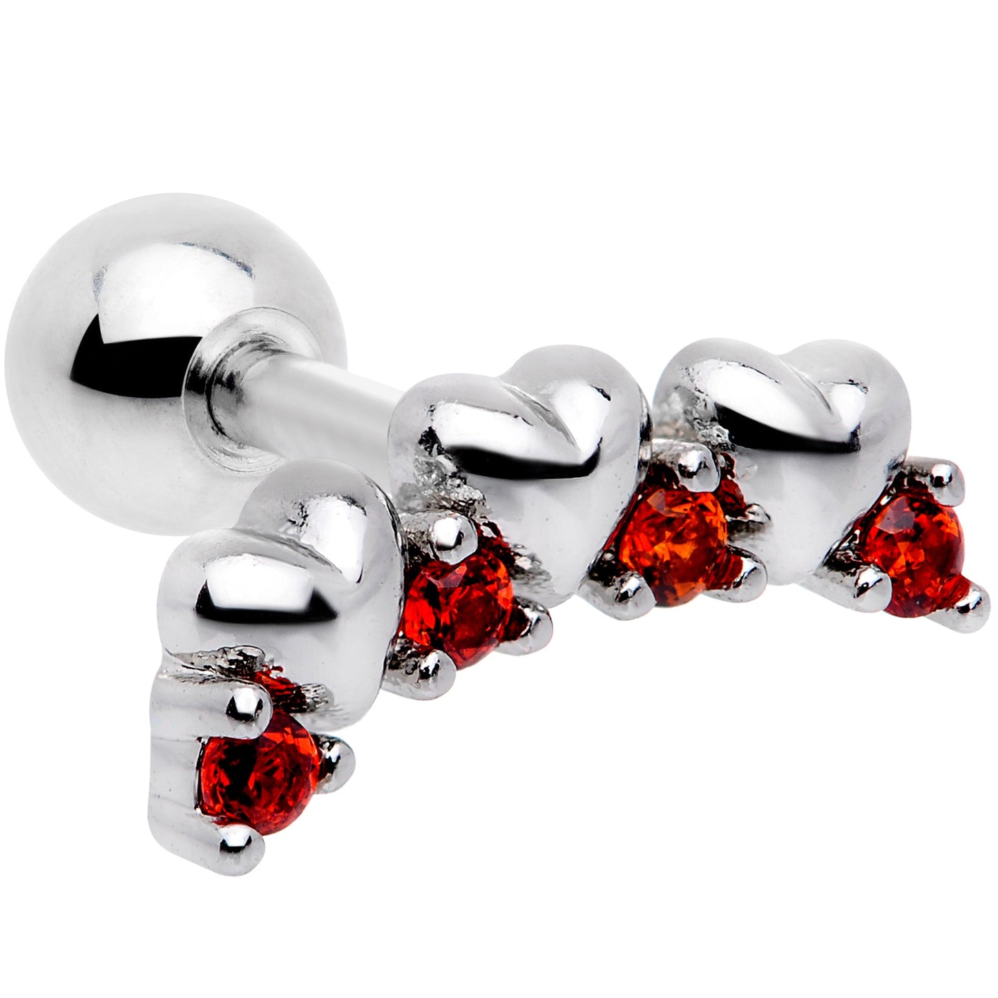 16G 1/4 Red CZ Gem Tiny Hearts Cartilage Tragus Earring