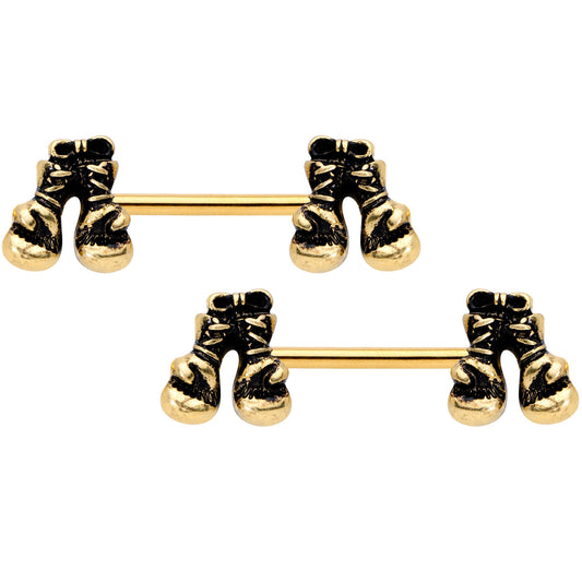 14G 9/16 Gold Tone Boxing Gloves Barbell Nipple Ring Set