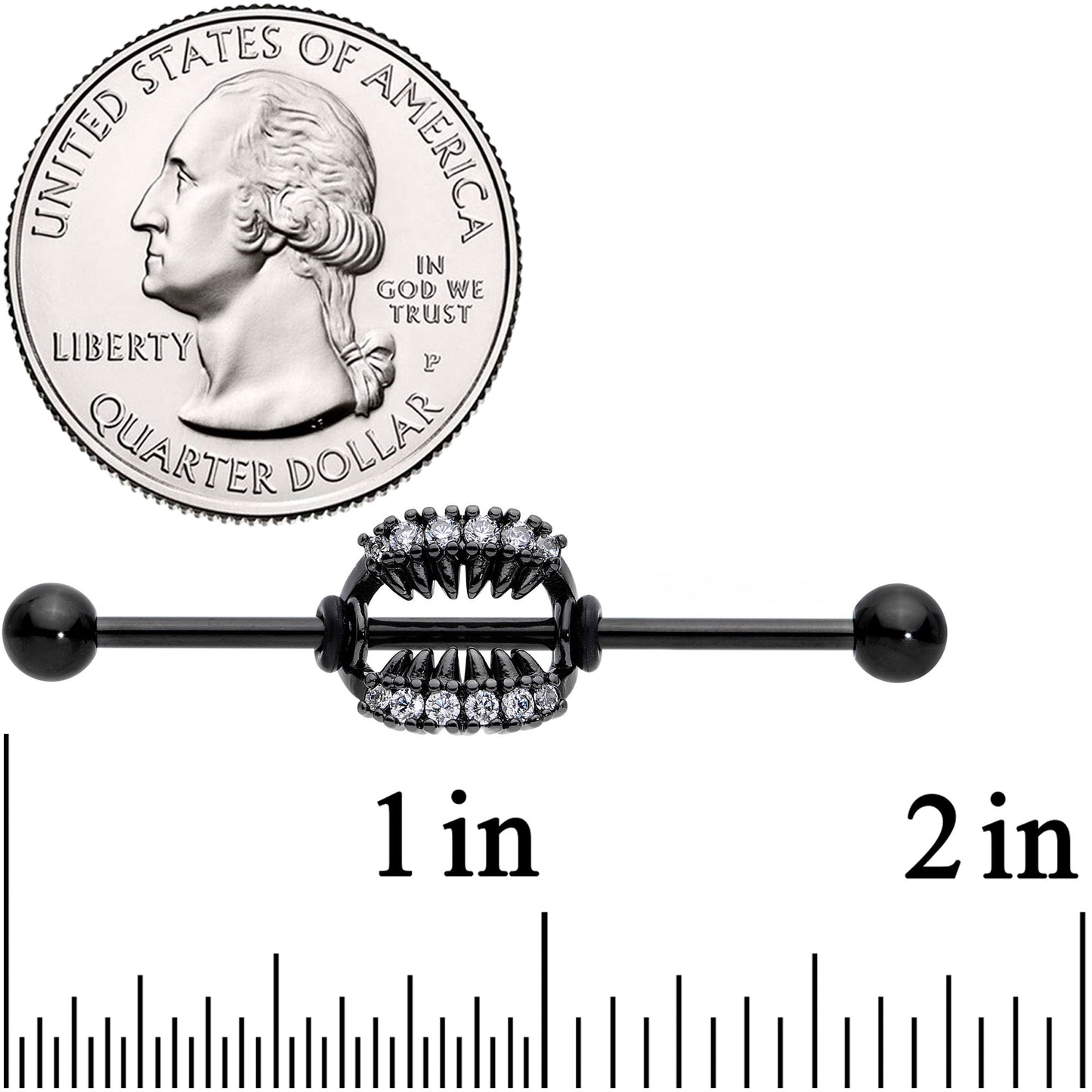 14G Clear CZ Gem Black Monster Fangs Industrial Barbell 38mm