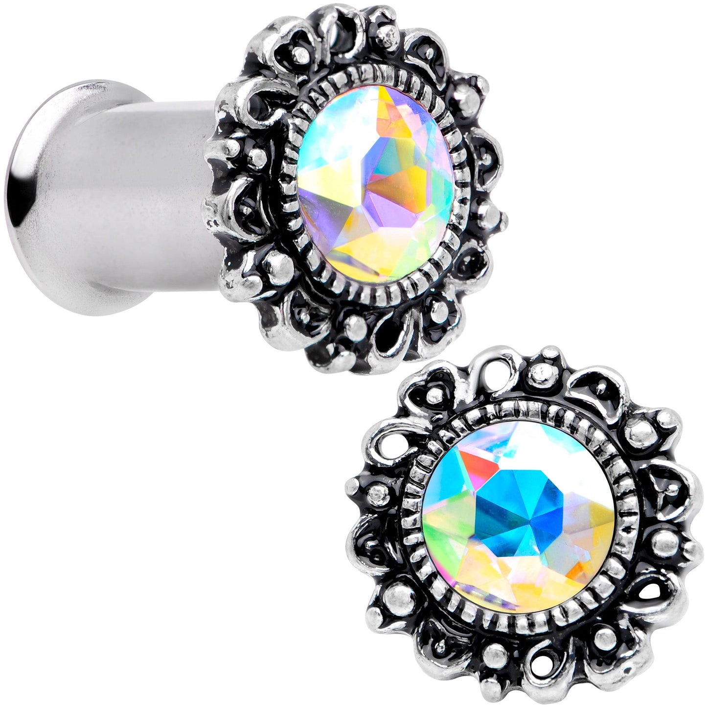 Aurora Gem Filigree Flower Double Flare Plug Set 2G to 1 Inch