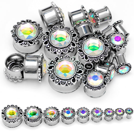 Aurora Gem Filigree Flower Double Flare Plug Set 2G to 1 Inch