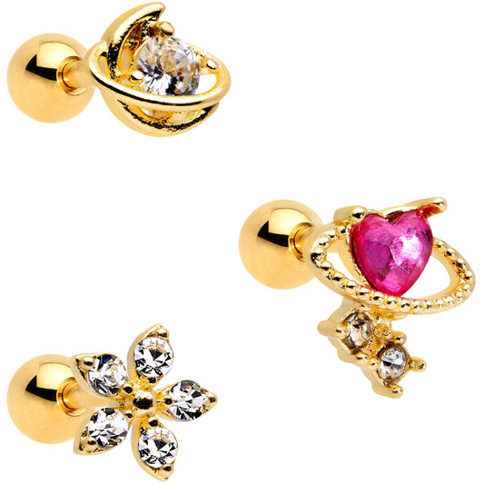 16G 1/4 Clear CZ Gem Gold Tone Moon Cartilage Tragus Set of 3