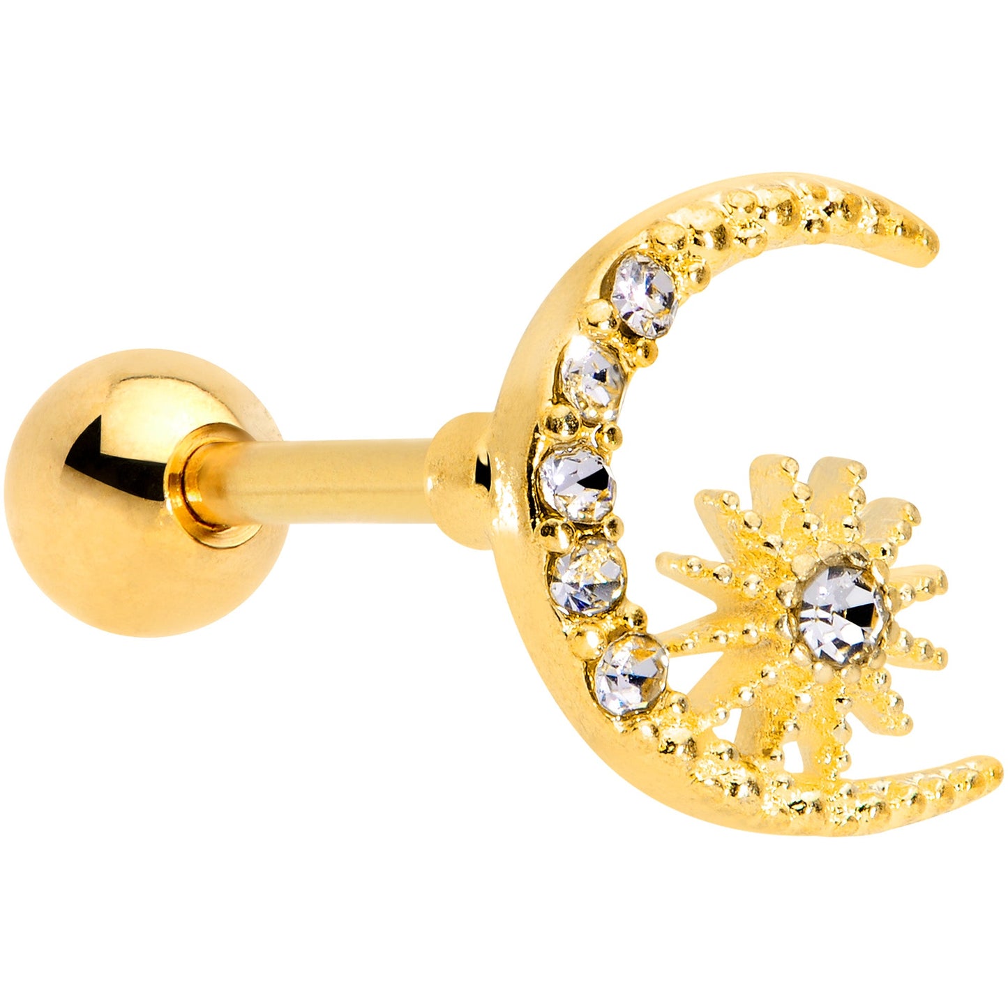 16G 5/16 Clear Gem Gold Tone Crescent Moon Star Cartilage Tragus