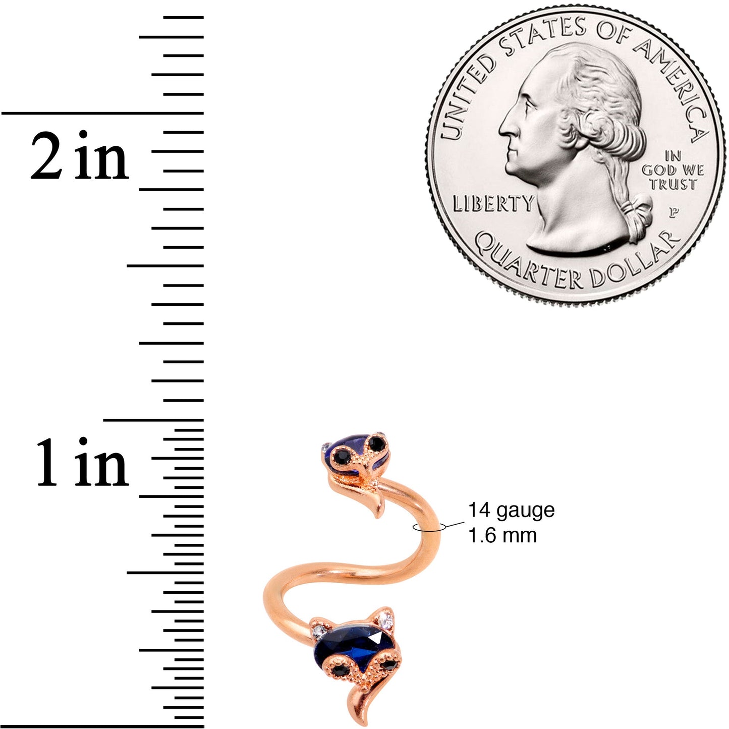 14G 1/2 Blue Gem Rose Gold Tone Animal Fox Spiral Twister Belly Ring