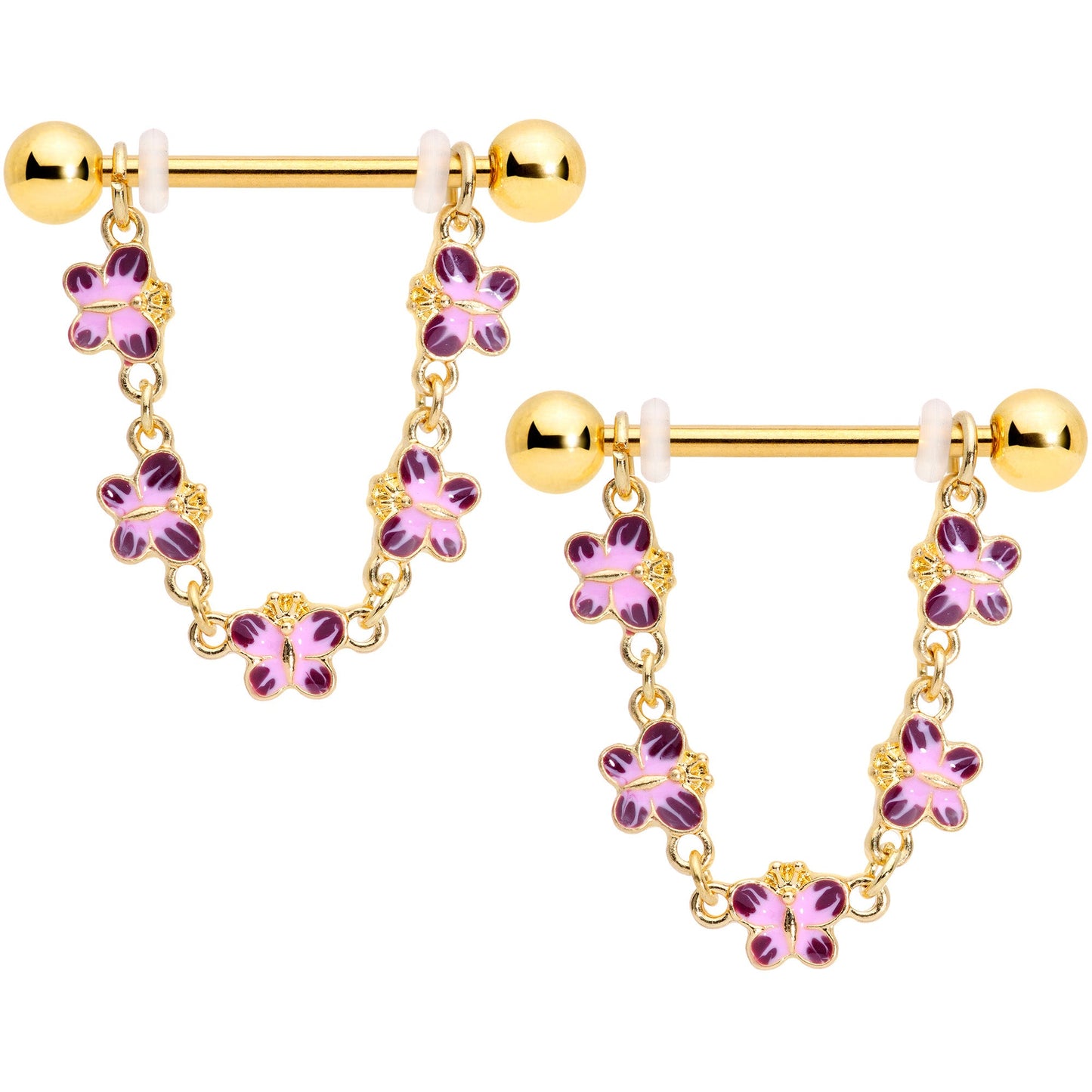 14G 3/4 Pink Purple Gold Tone Butterflies Dangle Nipple Ring Set