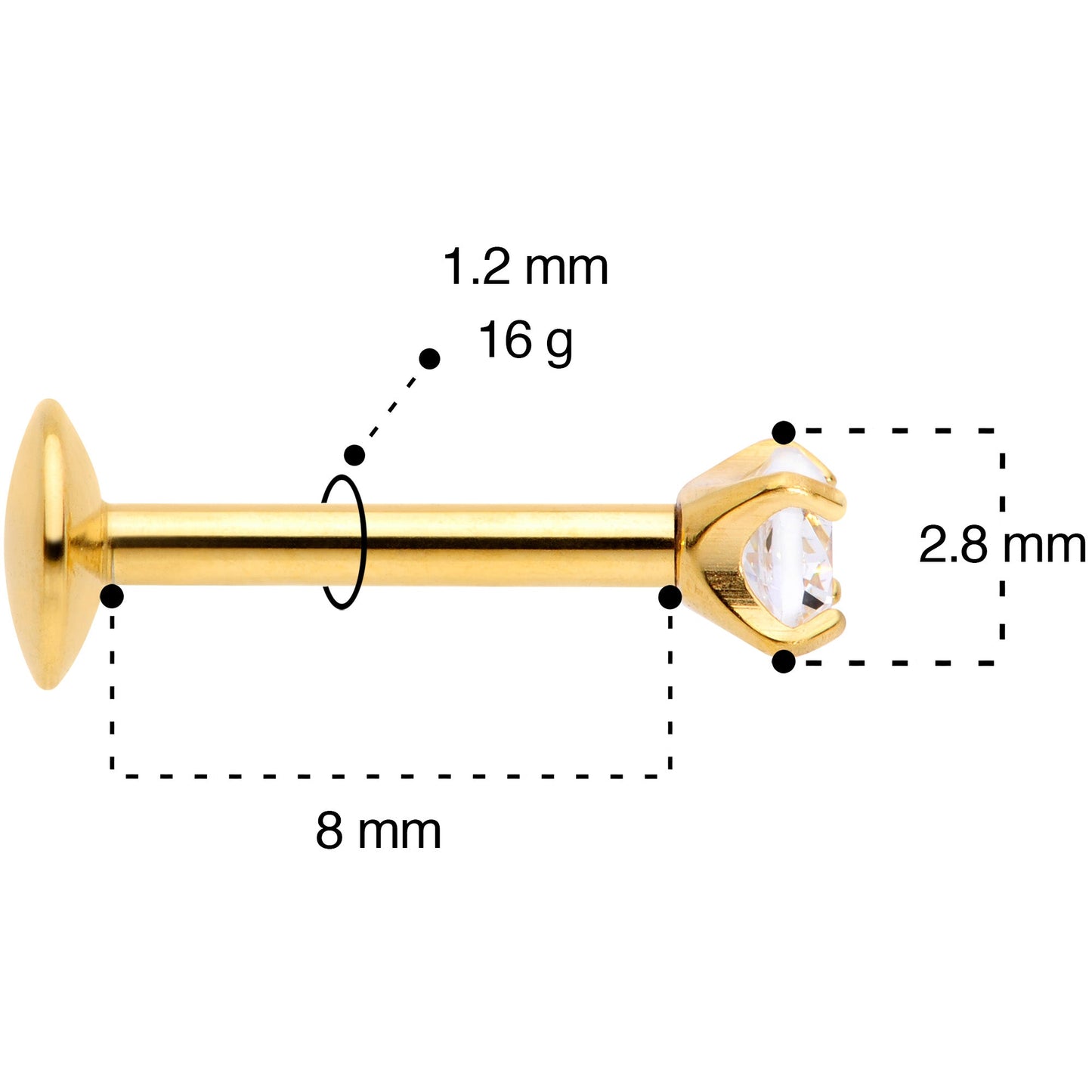 16G 5/16 3mm CZ Gold Tone G23 Titanium Internal Thread Labret