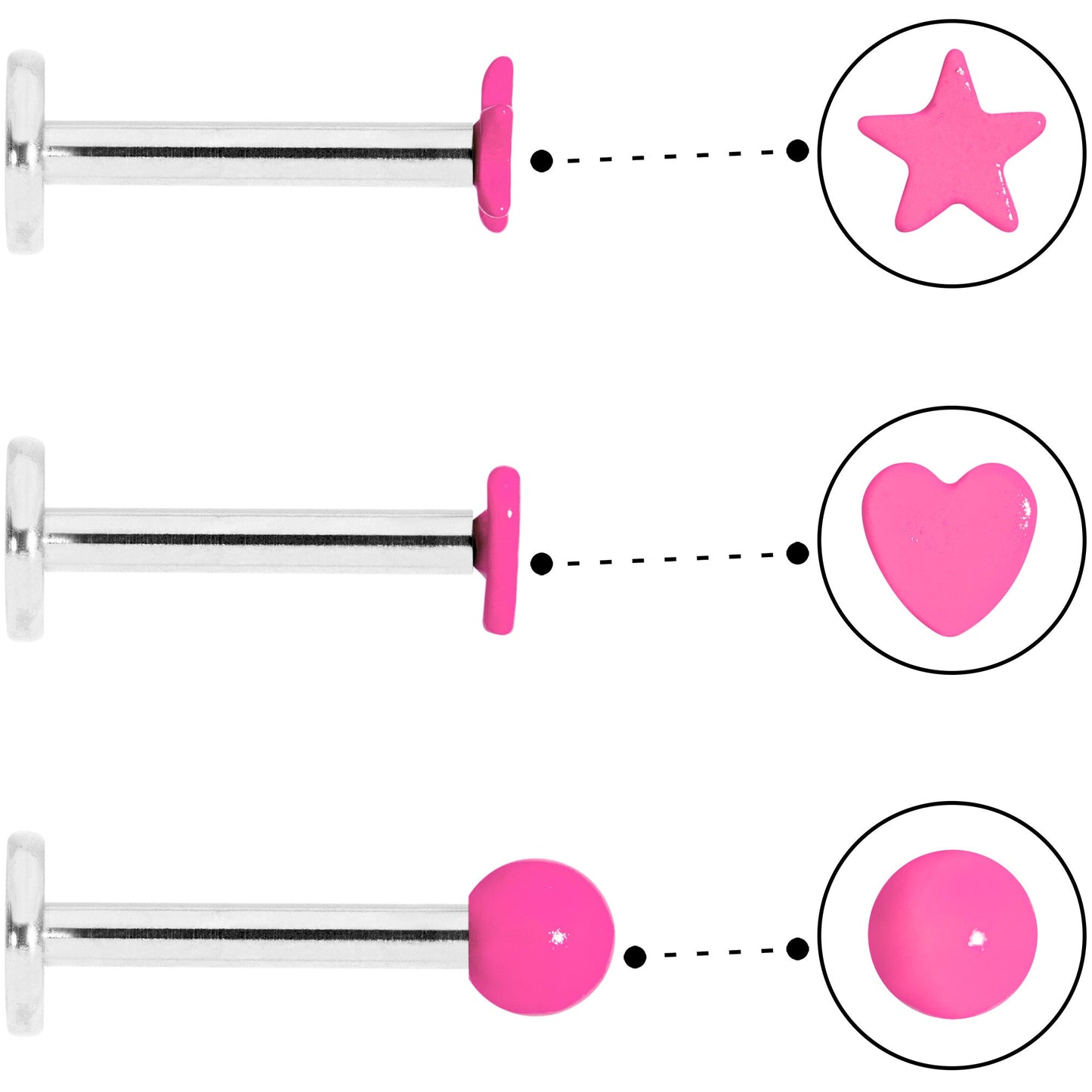 16G 5/16 Pink Glow Star Heart Labret Set of 3
