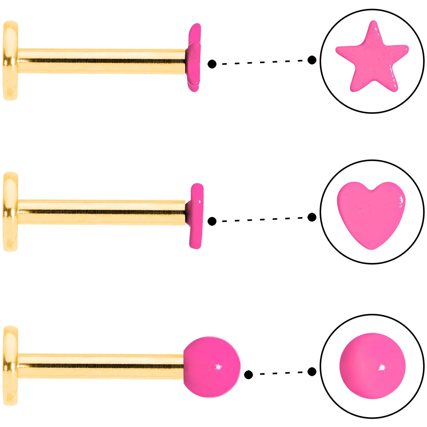 16G 5/16 Gold Tone Pink Glow Star Heart Labret Set of 3
