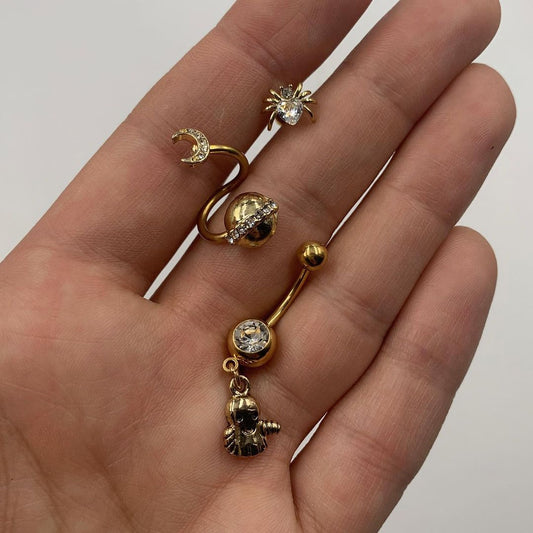 14G 1/2 Clear Gem Gold Tone Saturn Moon Spiral Twister Belly Ring