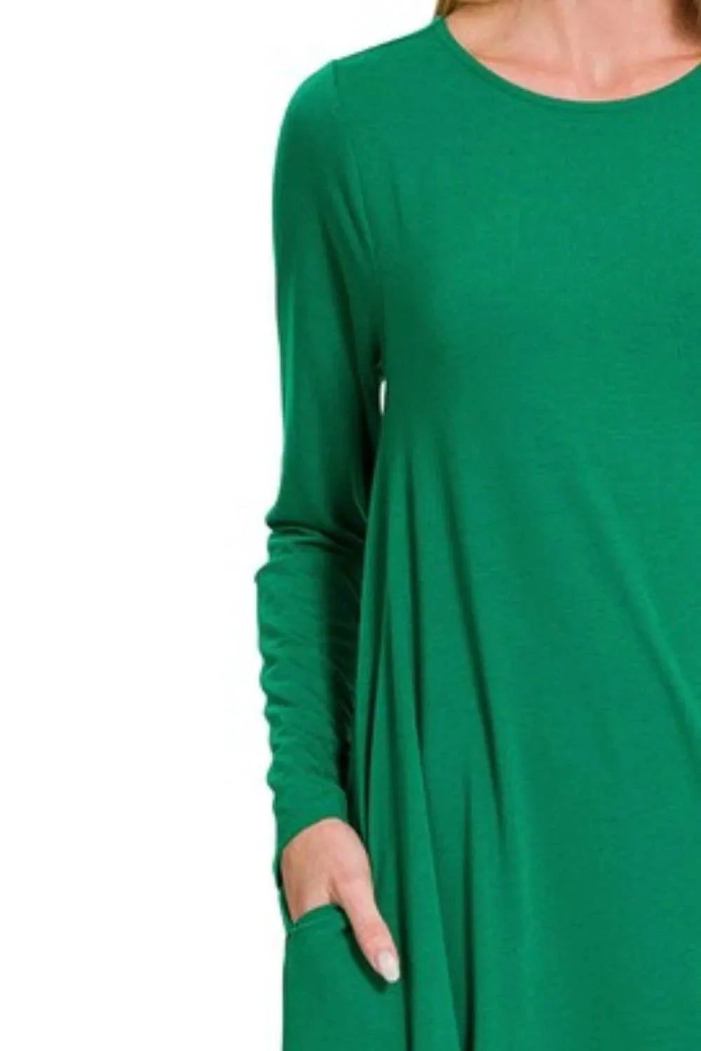 Zenana Long Sleeve Flare Dress With Pockets