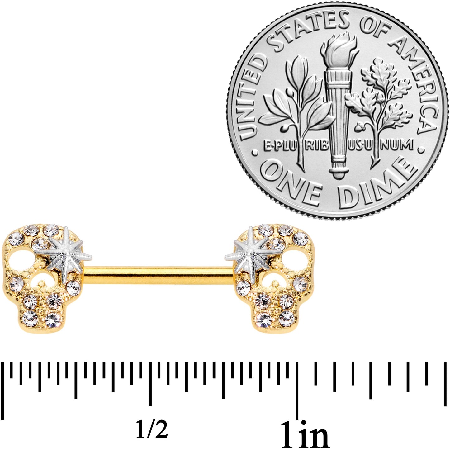 14G 9/16 Clear Gem Gold Tone Star Skull Barbell Nipple Ring Set