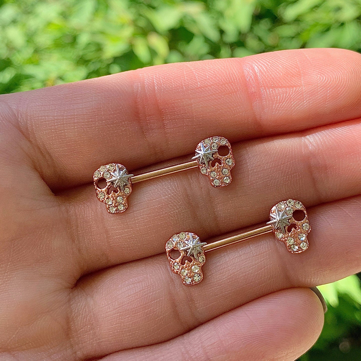 14G Clear Gem Rose Gold Tone Star Skull Barbell Nipple Ring Set