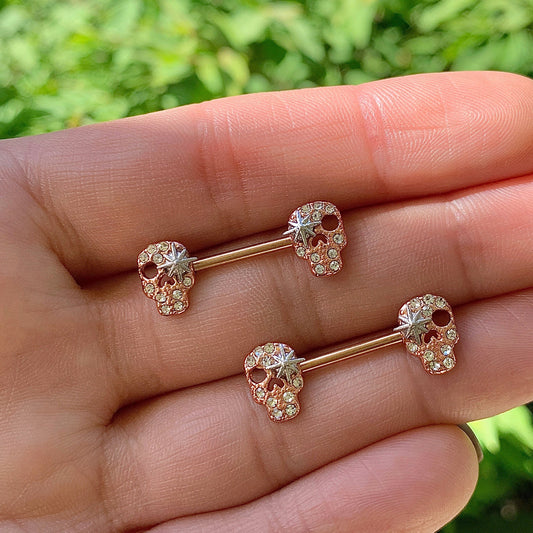 14G Clear Gem Rose Gold Tone Star Skull Barbell Nipple Ring Set