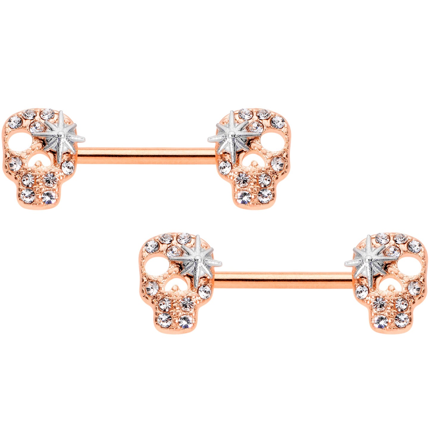 14G Clear Gem Rose Gold Tone Star Skull Barbell Nipple Ring Set