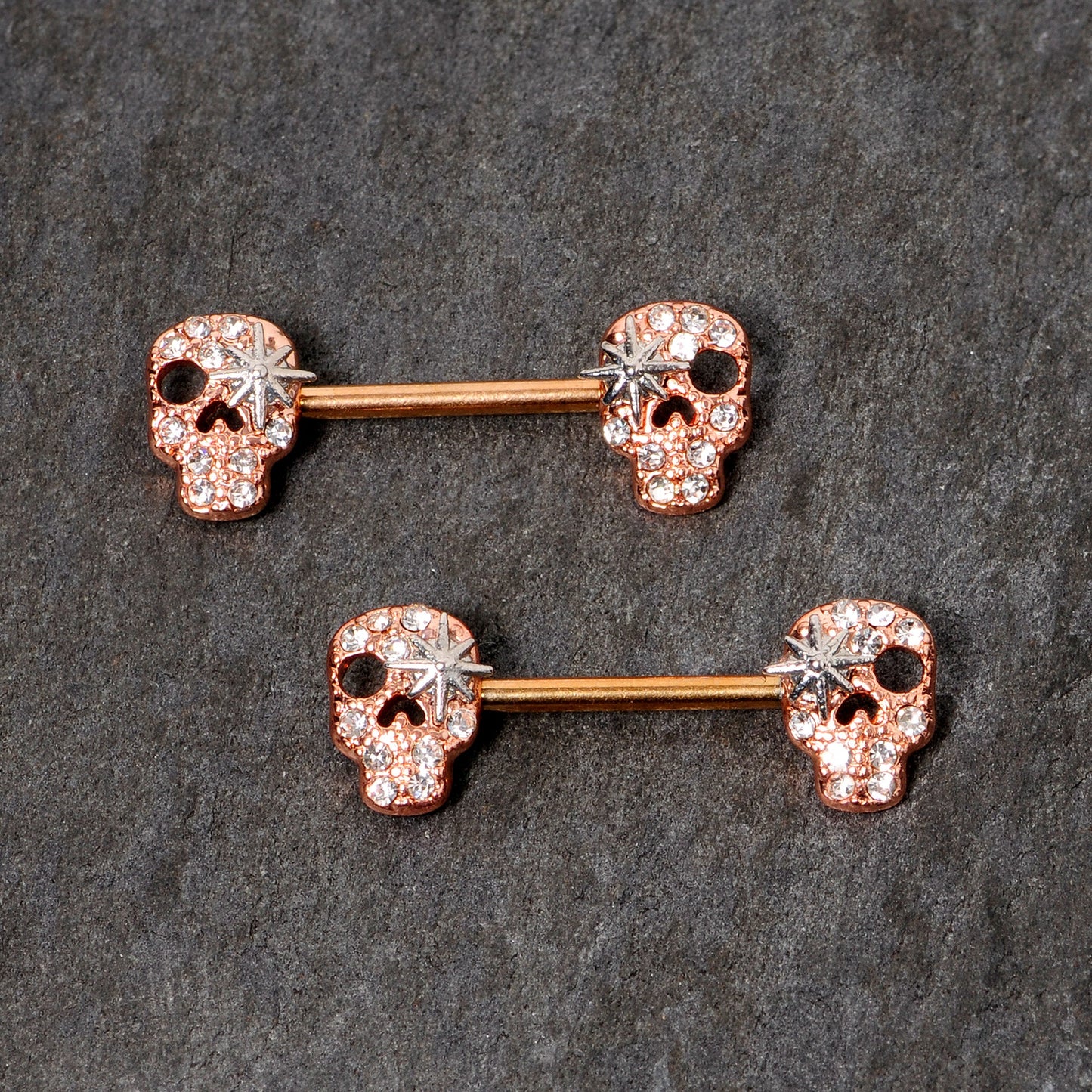 14G Clear Gem Rose Gold Tone Star Skull Barbell Nipple Ring Set