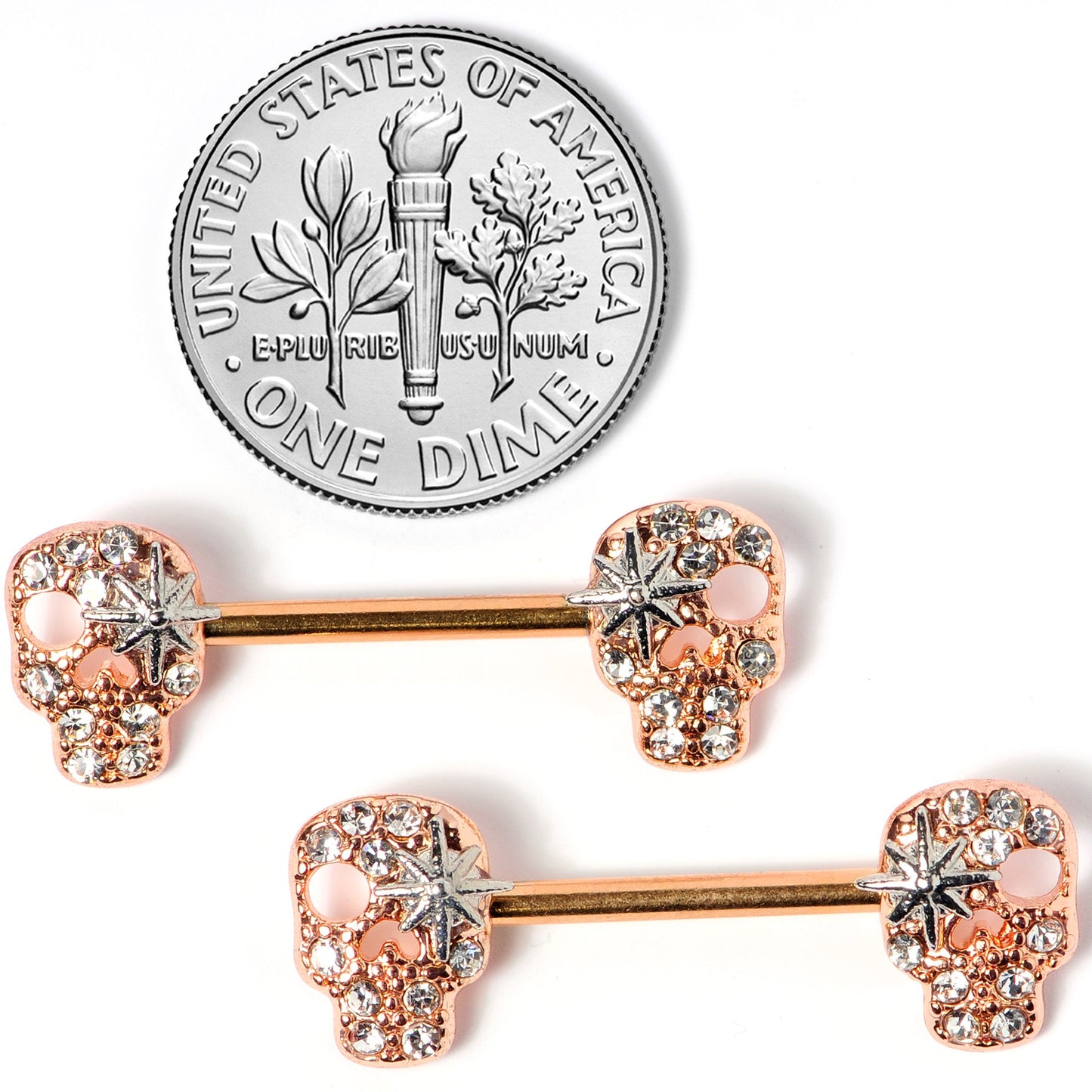 14G Clear Gem Rose Gold Tone Star Skull Barbell Nipple Ring Set