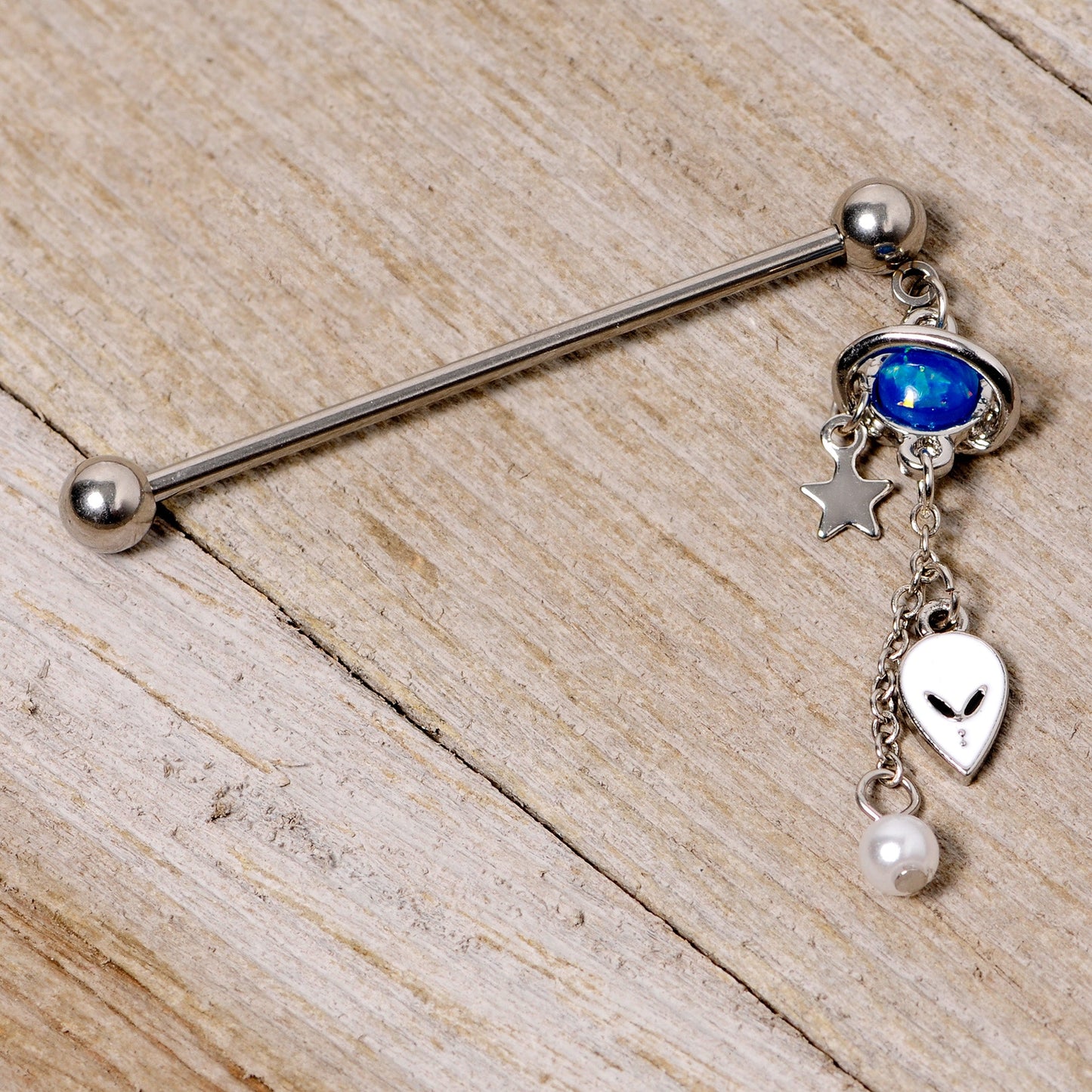 14G Blue Faux Opal Planet Alien Dangle Industrial Barbell 38mm