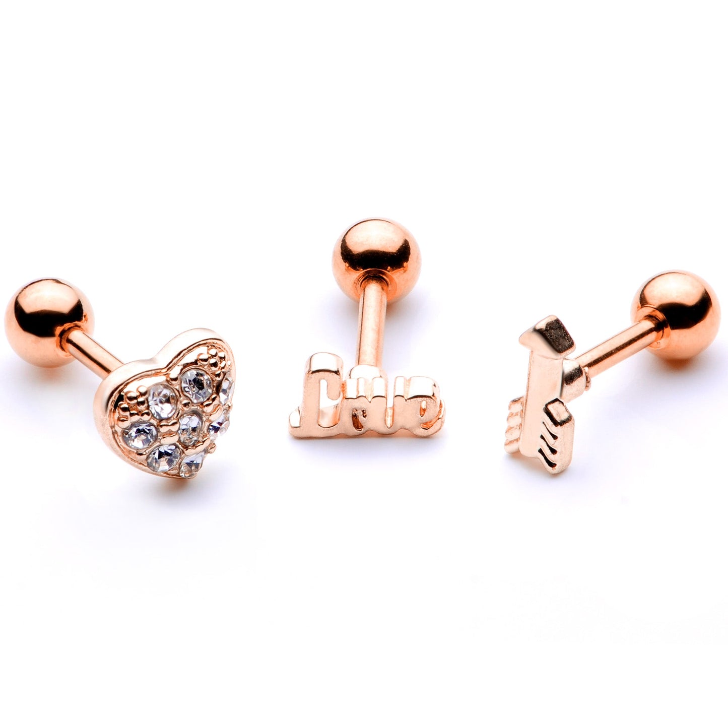 16G 1/4 Clear Gem Rose Gold Tone Plated Valentine Cartilage Set