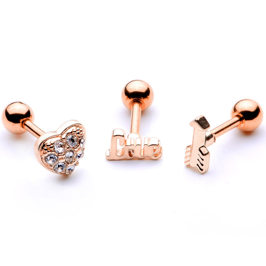16G 1/4 Clear Gem Rose Gold Tone Plated Valentine Cartilage Set