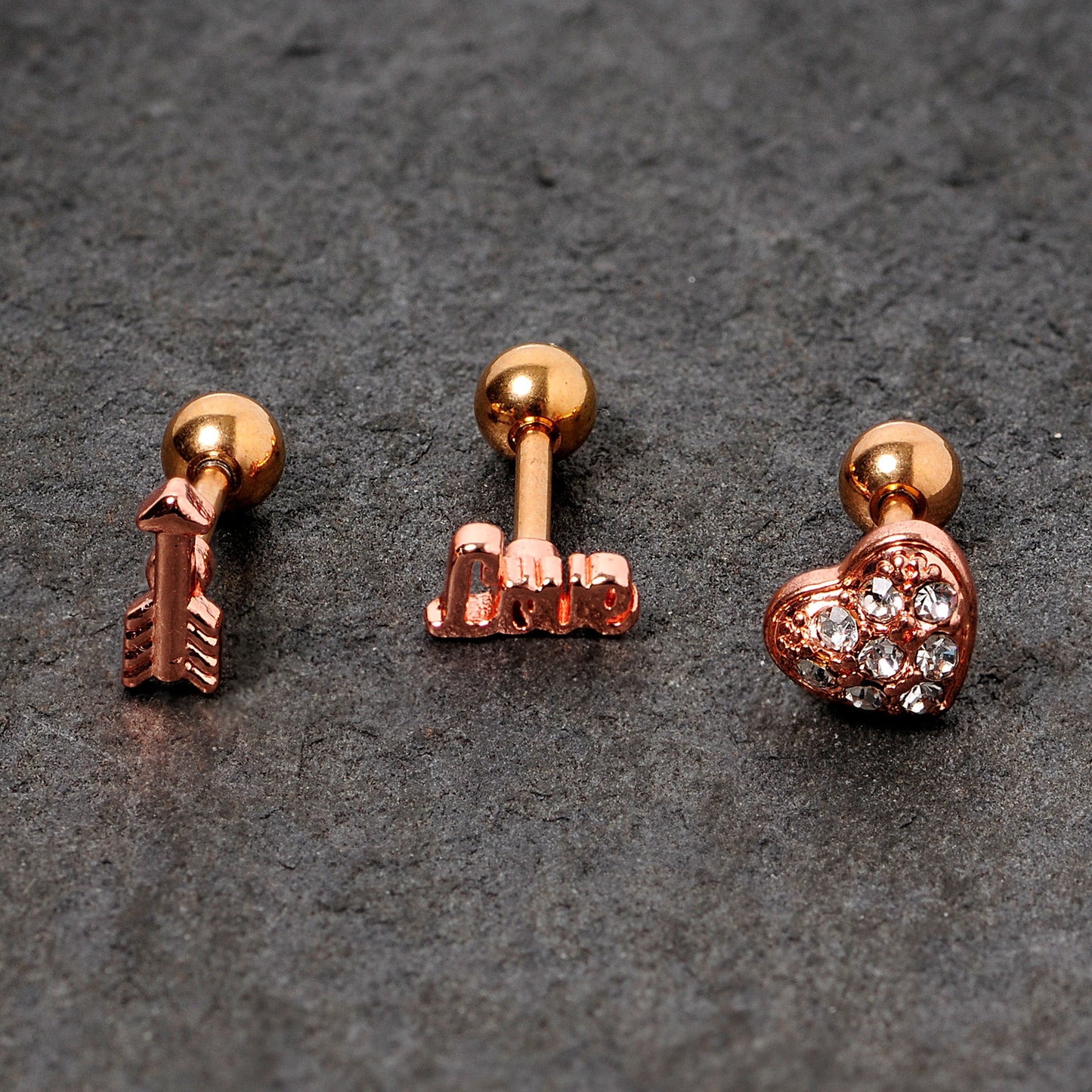 16G 1/4 Clear Gem Rose Gold Tone Plated Valentine Cartilage Set