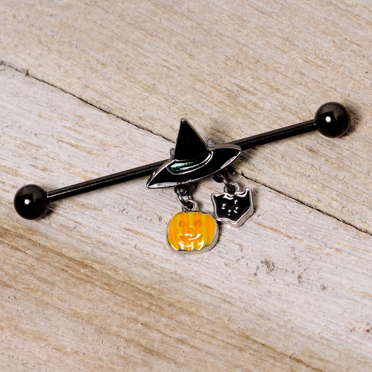 14G Black Cat Witch Hat Black Halloween Industrial Barbell 38mm