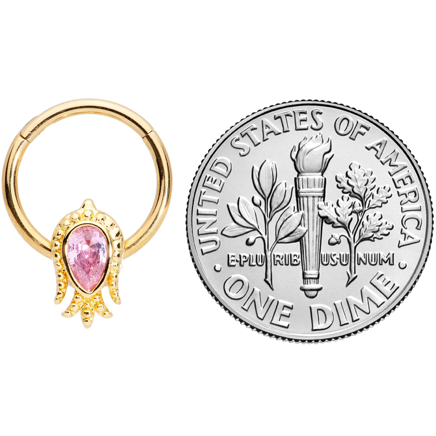 16G 3/8 Pink Gem Gold Tone Sideways Tulip Flower Hinged Segment Ring