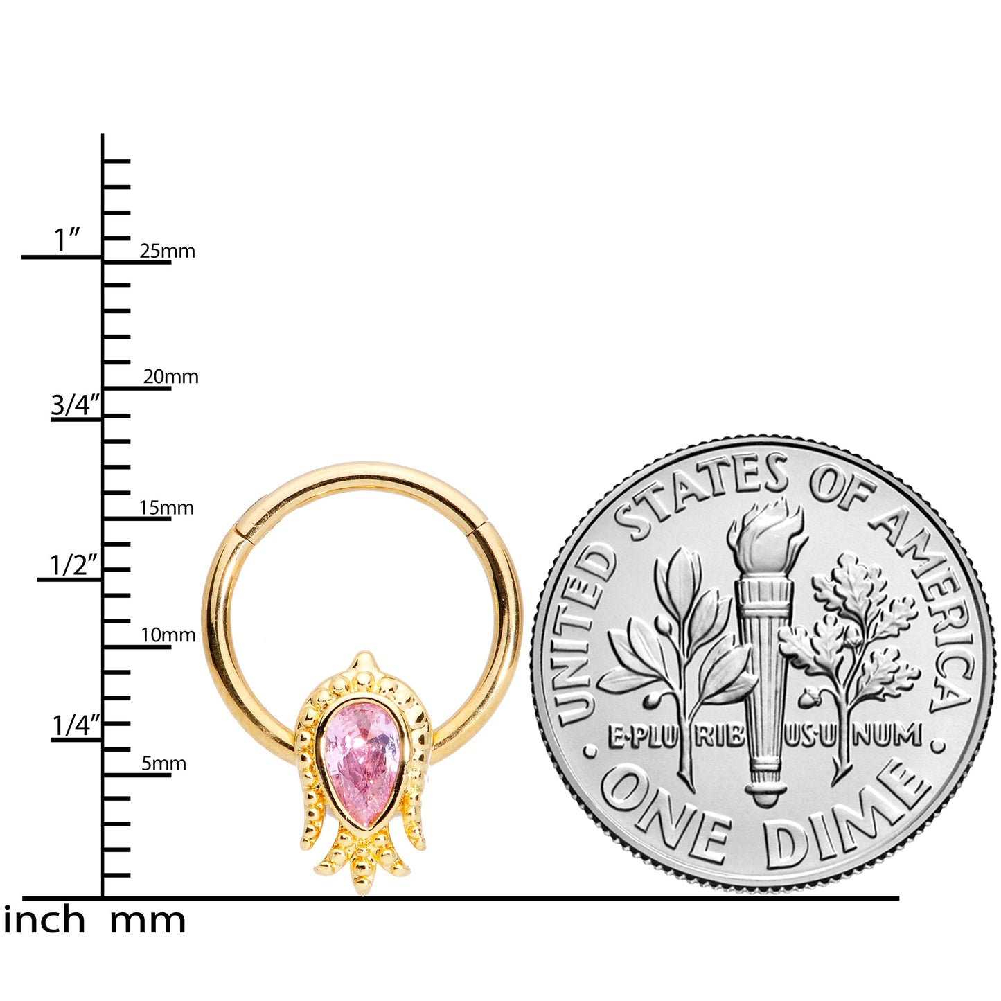 16G 3/8 Pink Gem Gold Tone Sideways Tulip Flower Hinged Segment Ring