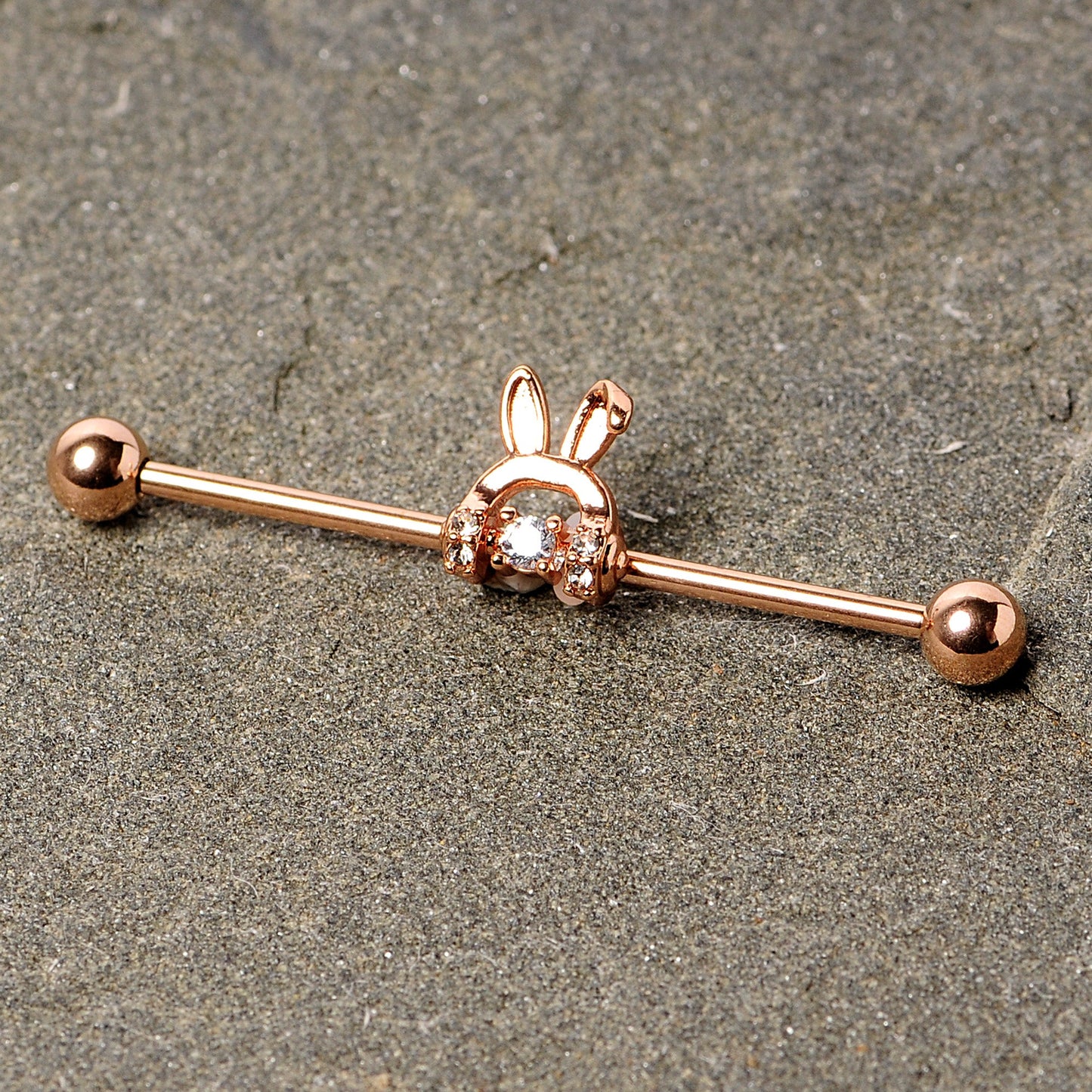 14G Rose Gold Tone Bunny Ear Headphone Industrial Barbell