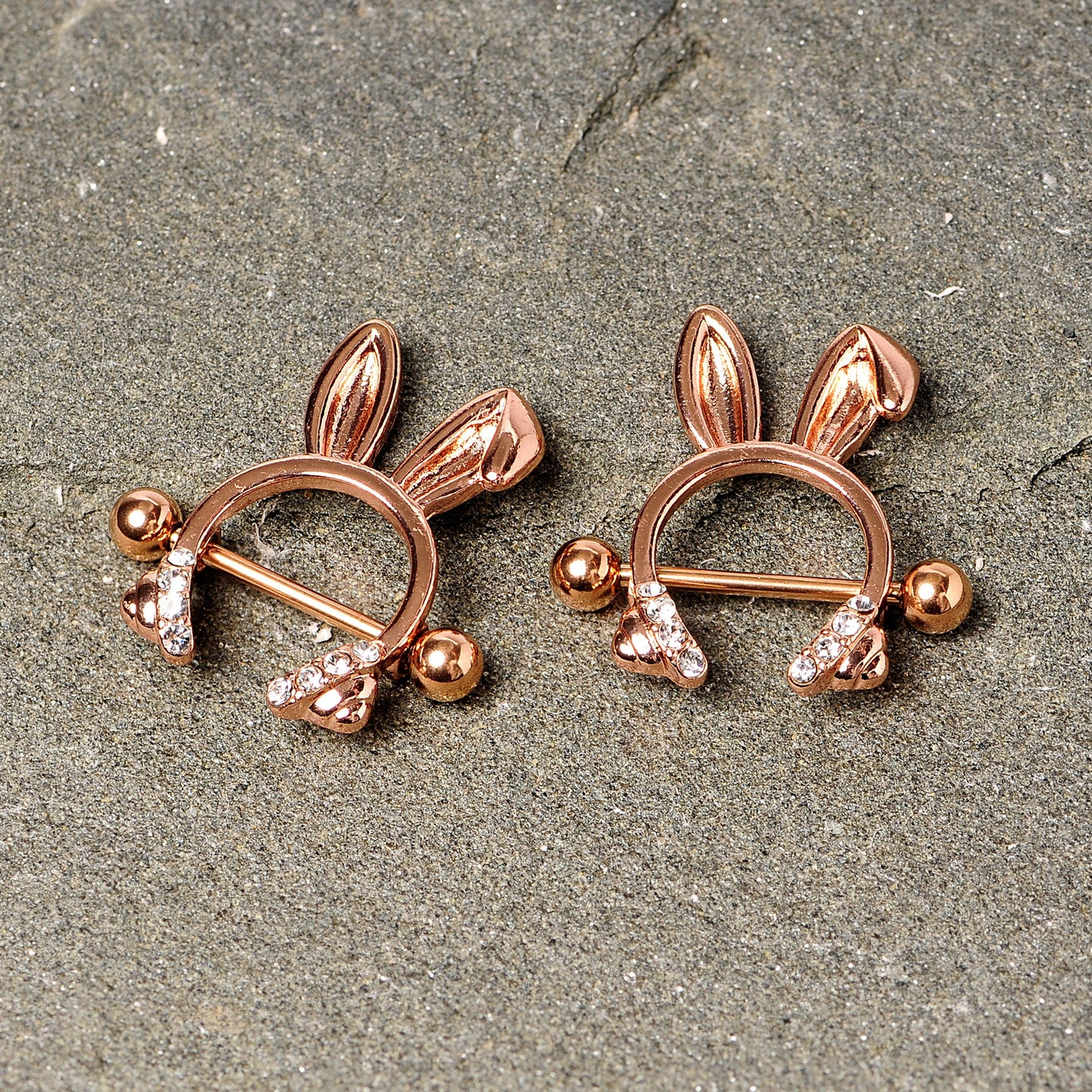14G 9/16 Clear Gem Rose Gold Tone Bunny Ear Headphones Nipple Shield Set