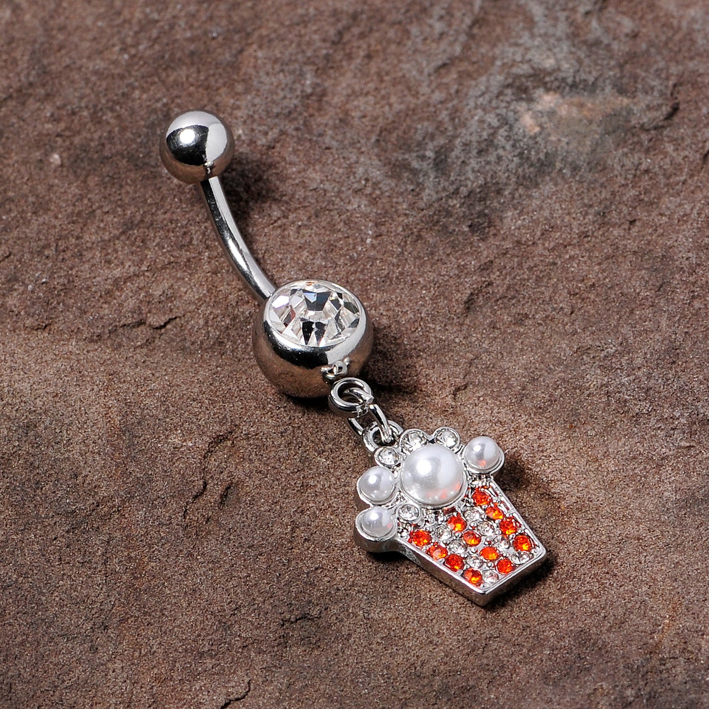 Clear Red Gem White Orb Movie Night Popcorn Dangle Belly Ring