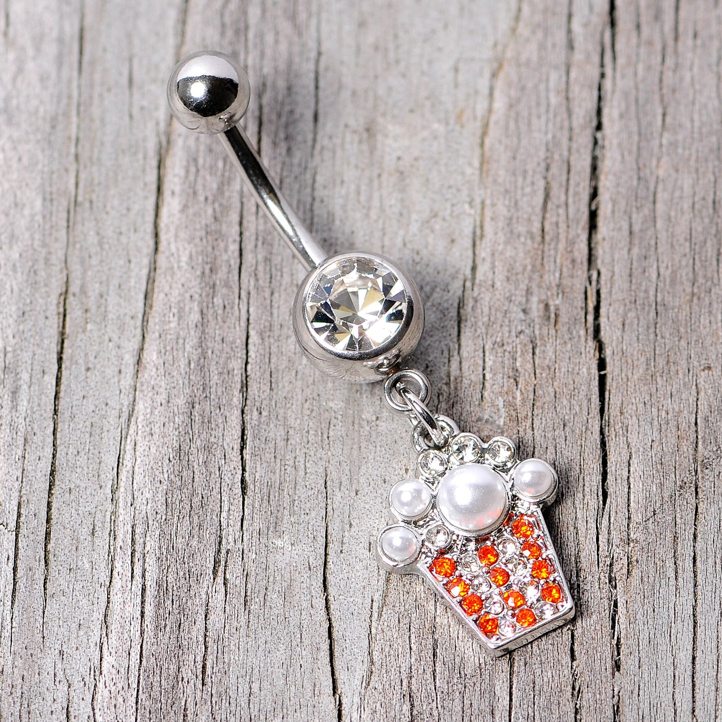 Clear Red Gem White Orb Movie Night Popcorn Dangle Belly Ring