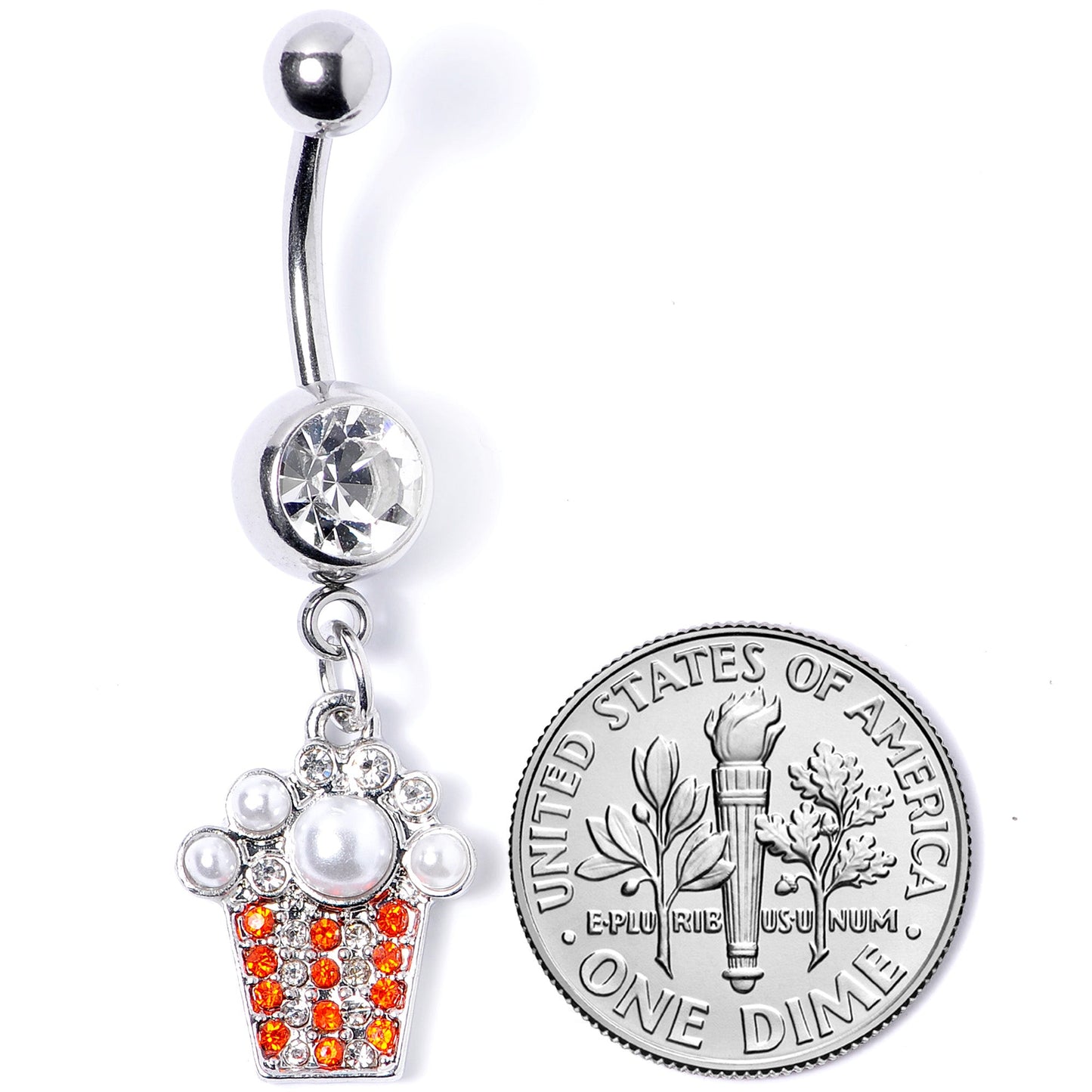 Clear Red Gem White Orb Movie Night Popcorn Dangle Belly Ring