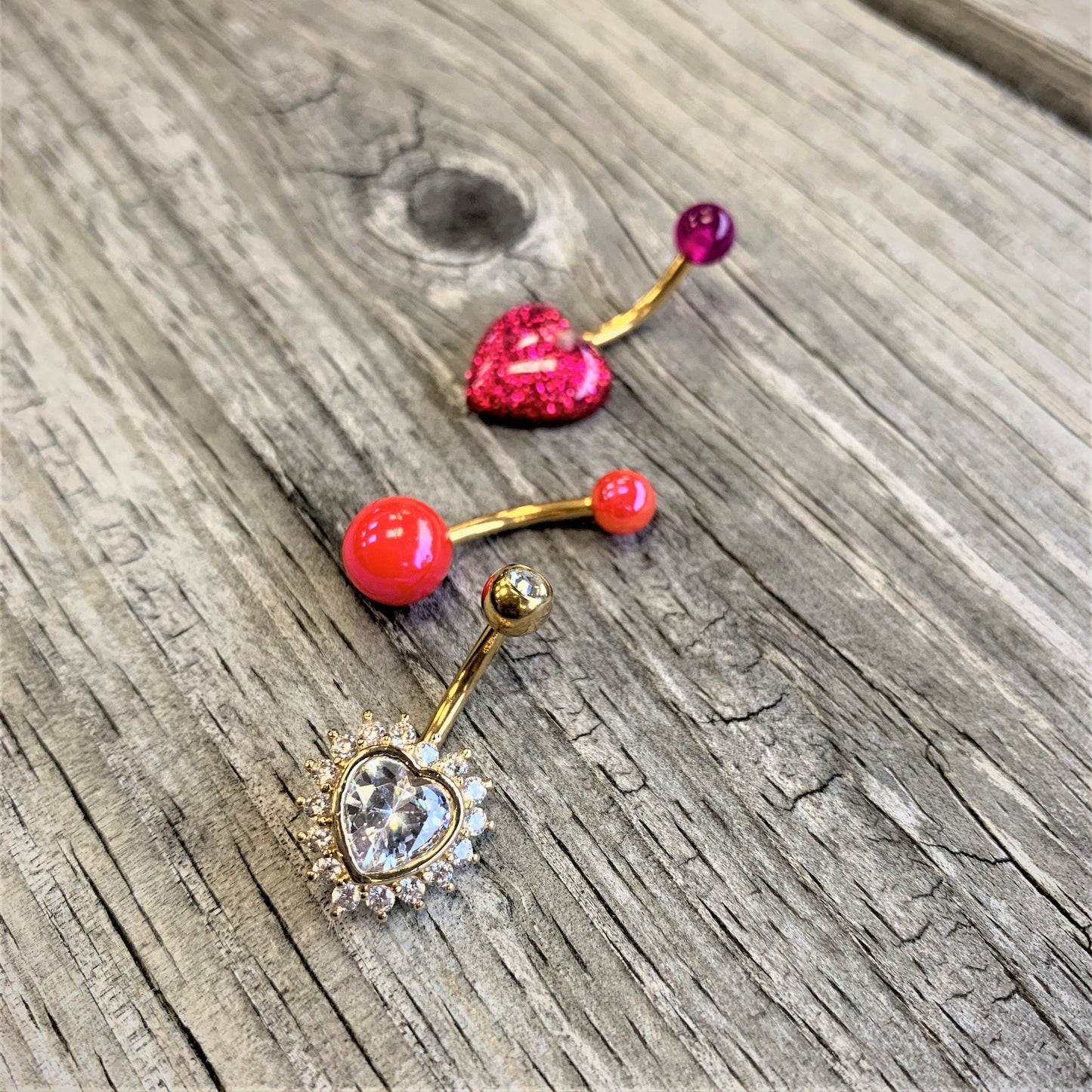 Clear Gem Gold Tone Pink UV Glow Heart Belly Ring Set of 3